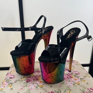 Pleaser Flamingo black rainbow multicolor chrome sandal platform heels